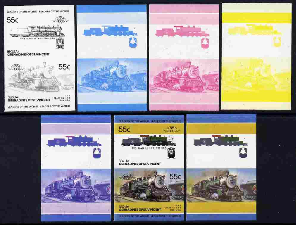 St Vincent - Bequia 1985 Locomotives #4 (Leaders of the World) 55c (4-6-2,Class H4 USA) set of 7 imperf se-tenant progressive proof pairs comprising the four individual colours, plus 2, 3 and all 4-colour composites unmounted mint