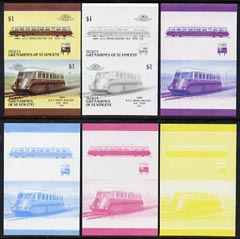 St Vincent - Bequia 1987 Locomotives #5 (Leaders of the World) $1 (GWR Diesel Railcar) set of 6 imperf se-tenant progressive proof pairs comprising the four individual colours, 2-colour and all 4-colour composites unmounted mint