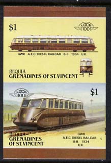 St Vincent - Bequia 1987 Locomotives #5 (Leaders of the World) $1 (GWR Diesel Railcar) imperf se-tenant proof pair in issued colours from limited printing unmounted mint*