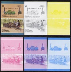St Vincent - Bequia 1987 Locomotives #5 (Leaders of the World) $2 (2-2-2 LNWR Cornwall) set of 6 imperf se-tenant progressive proof pairs comprising the four individual colours, 2-colour and all 4-colour composites unmounted mint