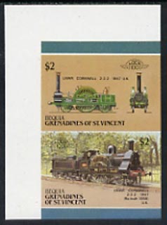 St Vincent - Bequia 1987 Locomotives #5 (Leaders of the World) $2 (2-2-2 LNWR Cornwall) imperf se-tenant proof pair in issued colours from limited printing unmounted mint*
