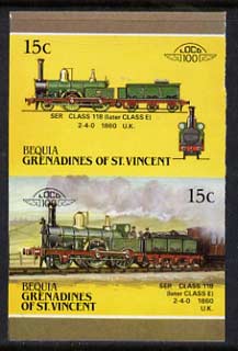 St Vincent - Bequia 1987 Locomotives #5 (Leaders of the World) 15c (2-4-0 SER Class 118) imperf se-tenant proof pair in issued colours from limited printing unmounted mint*
