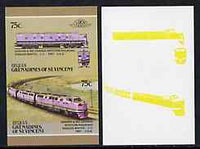 St Vincent - Bequia 1987 Locomotives #5 (Leaders of the World) 75c (Denver & Rio Grande CC) imperf se-tenant pair with yellow missing from loco (loco is pink) plus additionbal piece showing the yellow only, a remarkable variety
