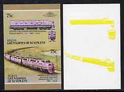 St Vincent - Bequia 1987 Locomotives #5 (Leaders of the World) 75c (Denver & Rio Grande CC) imperf se-tenant pair with yellow missing from loco (loco is pink) plus additionbal piece showing the yellow only, a remarkable variety