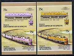 St Vincent - Bequia 1987 Locomotives #5 (Leaders of the World) 75c (Denver & Rio Grande CC) imperf se-tenant pair with yellow missing from loco (loco is pink) plus imperf pair as normal unmounted mint