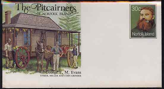 Norfolk Island 1982c 'The Pitcairners' 30c pre-stamped p/stat envelope commemorating George F M Evans (Miller)