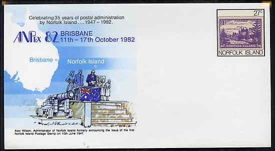 Norfolk Island 1982 'ANPEX 82' 27c pre-stamped p/stat envelope commemorating First Norfolk Is Stamp