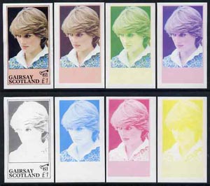 Gairsay 1982 Princess Di's 21st Birthday imperf souvenir sheet (£1 value) set of 8 progressive proofs comprising the 4 individual colours plus two 2-colour, 3 and all 4-colour composites unmounted mint