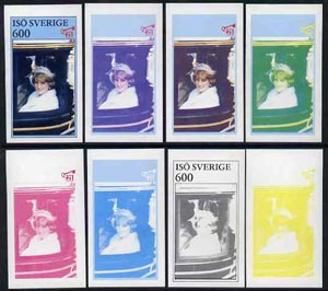 Iso - Sweden 1982 Princess Di's 21st Birthday imperf souvenir sheet (600 value) set of 8 progressive proofs comprising the 4 individual colours plus two 2-colour, 3 and all 4-colour composites unmounted mint