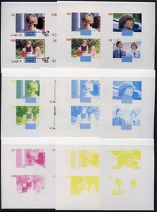 Oman 1982 Princess Di's 21st Birthday imperf sheetlet containing set of 4 values, the set of 7 progressive colour proofs comprising the 4 individual colours plus 2, 3 and all 4-colour composites unmounted mint