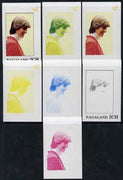 Nagaland 1982 Princess Di's 21st Birthday imperf deluxe sheet (2ch value) set of 7 progressive proofs comprising the 4 individual colours plus 2, 3 and all 4-colour composites unmounted mint