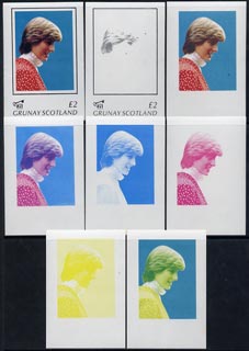 Grunay 1982 Princess Di's 21st Birthday imperf deluxe sheet (£2 value) set of 8 progressive proofs comprising the 4 individual colours plus two 2-colour, 3 and all 4-colour composites unmounted mint