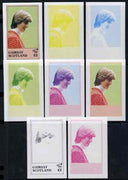 Gairsay 1982 Princess Di's 21st Birthday deluxe sheet (£2 value) the set of 8 imperf progressive colour proofs comprising the four individual colours plus,two 2-colour, 3-colour and all 4-colour composites unmounted mint