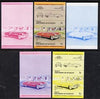 St Vincent - Bequia 1984 Cars #1 (Leaders of the World) 5c (1953 Cadillac) set of 5 imperf se-tenant progressive colour proof pairs comprising two individual colours, two 2-colour composites plus all 4-colour final design unmounted mint