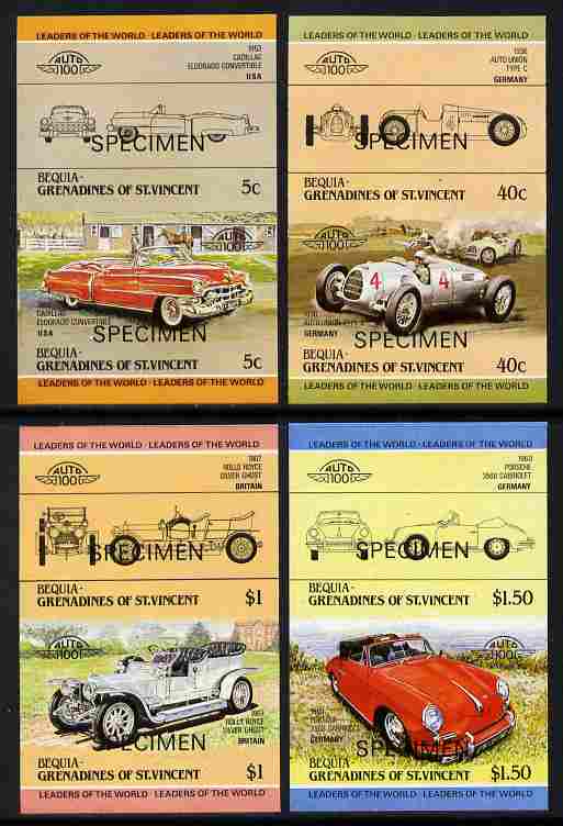 St Vincent - Bequia 1984 Cars #1 (Leaders of the World) imperf set of 8 (4 imperf se-tenant pairs) each overprinted SPECIMEN - scarce from printer's archives unmounted mint