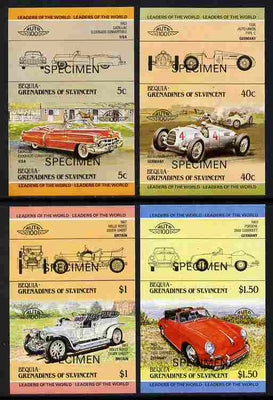St Vincent - Bequia 1984 Cars #1 (Leaders of the World) imperf set of 8 (4 imperf se-tenant pairs) each overprinted SPECIMEN - scarce from printer's archives unmounted mint