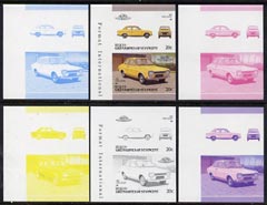 St Vincent - Bequia 1986 Cars #6 (Leaders of the World) 20c (1968 Ford Escort) set of 6 imperf se-tenant progressive colour proof pairs comprising the four individual colours plus 2 and all 4-colour composites unmounted mint