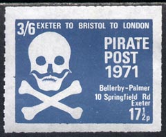 Cinderella - Great Britain 1971 Pirate Post (Exeter to Bristol to London) 17.5p-3s6d rouletted label in grey-blue depicting Skull & Cross-bones unmounted mint*