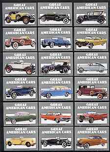 Match Box Labels - complete set of 18 Great American Cars, superb unused condition (Cornish Match Co)