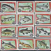 Match Box Labels - complete set of 12 Fish, superb unused condition (Yugoslavian Drava series)