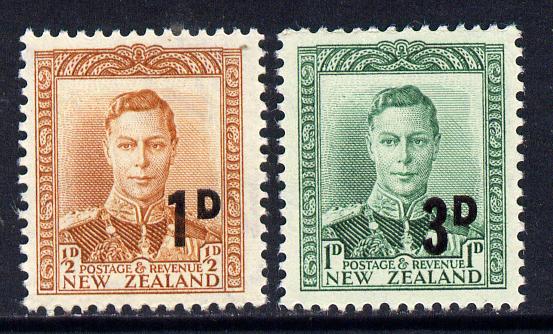 New Zealand 1952 KG6 surcharged set of 2 - 1d on 1/2d brown-orange & 3d on 1d green unmounted mint, SG 712-3