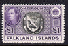Falkland Islands 1938-50 KG6 Arms £1 mounted mint SG 163