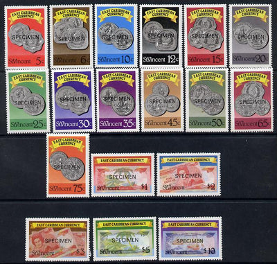 St Vincent 1987 East Caribbean Currency P15 definitive set of 18 values each overprinted SPECIMEN unmounted mint as SG1098s-1115s