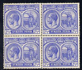 St Kitts-Nevis 1921-29 KG5 Script CA Columbus 2.5d bright blue block of 4, unmounted mint few split perfs SG 44