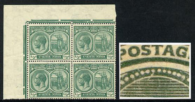 St Kitts-Nevis 1921-29 KG5 Script CA Columbus 1/2d blue-green NW corner block of 4, unmounted mint with white flaw on R1/1 SG 37