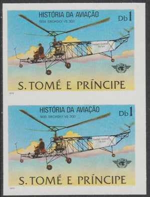St Thomas & Prince Islands 1979 Aviation History 1Db (Sikorsky VS300) imperf proof pair in issued colours on ungummed paper