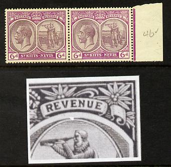 St Kitts-Nevis 1921-29 KG5 Script CA Columbus 6d dull & bright purple horiz pair, unmounted mint one stamp with broken frame above Columbus's Head (R4-5) SG 46