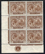 St Kitts-Nevis 1921-29 KG5 Script CA Columbus 2.5d brown SW corner block of 6 with Plate No.1 unmounted mint SG 43