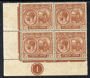 St Kitts-Nevis 1921-29 KG5 Script CA Columbus 1.5d red-brown SW corner block of 4 with Plate No.1 unmounted mint SG 40a3