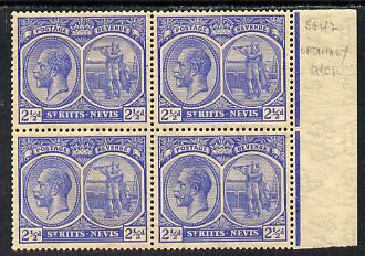 St Kitts-Nevis 1921-29 KG5 Script CA Columbus 2.5d bright blue block of 4, unmounted mint light toning SG 42