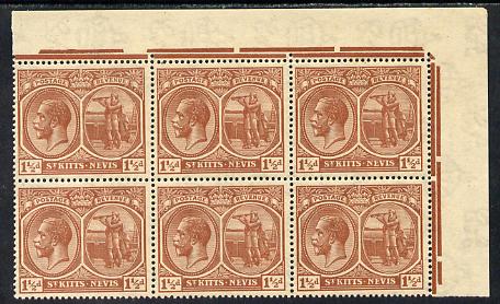St Kitts-Nevis 1921-29 KG5 Script CA Columbus 1.5d brown NE corner block of 6 unmounted mint SG 40a