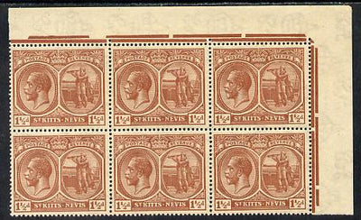 St Kitts-Nevis 1921-29 KG5 Script CA Columbus 1.5d brown NE corner block of 6 unmounted mint SG 40a
