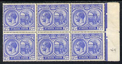 St Kitts-Nevis 1921-29 KG5 Script CA Columbus 2.5d ultramarine block of 6 - 4 stamps unmounted one stamp with dented Frame (R5-3) SG 44
