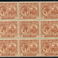 St Kitts-Nevis 1921-29 KG5 Script CA Columbus 1.5d red-brown block of 9, unmounted one stamp with dented Frame (R5-3) SG 40a