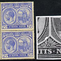 St Kitts-Nevis 1921-29 KG5 Script CA Columbus 2.5d ultramarine block of 4, unmounted one stamp with dented Frames (R5-4) SG 44