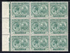 St Kitts-Nevis 1921-29 KG5 Script CA Columbus 1/2d blue-green marginal block of 9 unmounted mint with incomplete 'd' of value on R7-2, SG 37