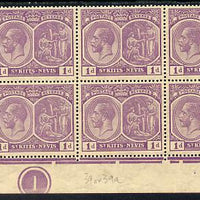 St Kitts-Nevis 1921-29 KG5 Script CA Medicinal Spring 1d violet SW corner block of 6 with Plate No.1 unmounted mint few split perfs SG 39
