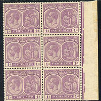 St Kitts-Nevis 1921-29 KG5 Script CA Medicinal Spring 1d violet marginal block of 6 unmounted mint few split perfs SG 39