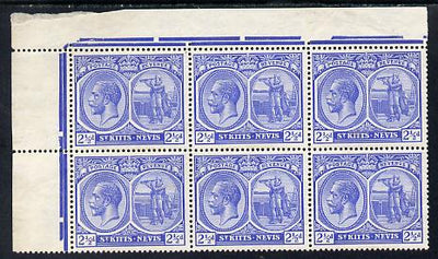 St Kitts-Nevis 1921-29 KG5 Script CA Columbus 2.5d bright blue NW corner block of 6 unmounted mint SG 42