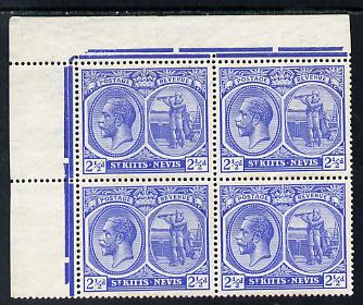 St Kitts-Nevis 1921-29 KG5 Script CA Columbus 2.5d bright blue NW corner block of 4 unmounted mint SG 42