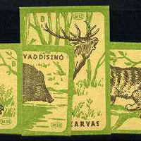Match Box Labels - complete set of 9 Animals (black & emerald on yellow), superb unused condition (Hungarian)