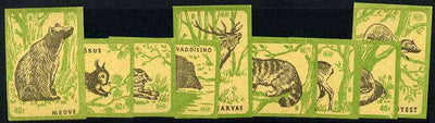Match Box Labels - complete set of 9 Animals (black & emerald on yellow), superb unused condition (Hungarian)
