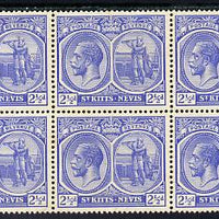 St Kitts-Nevis 1921-29 KG5 Script CA Columbus 2.5d bright blue block of 6, unmounted mint few split perfs SG 42