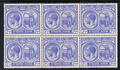 St Kitts-Nevis 1921-29 KG5 Script CA Columbus 2.5d bright blue block of 6, unmounted mint few split perfs SG 42