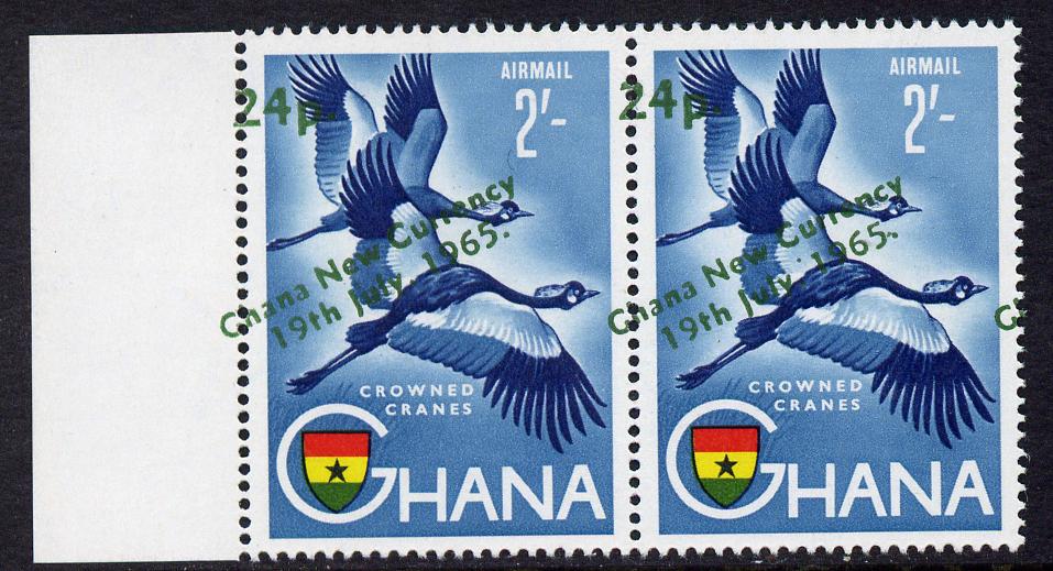 Ghana 1965 New Currency 24p on 2s Crowned Cranes horiz pair with opt & surcharge shifted to left unmounted mint, SG 393var