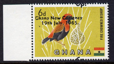 Ghana 1965 New Currency 6p on 6d Bishop Bird with opt & surcharge shifted upwards unmounted mint, SG 385var